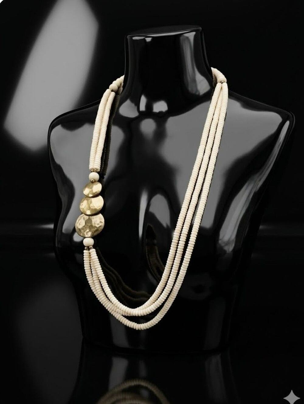 Vintage Multi-Strand Cream Heishi Shell Disc Asymmetrical Statement Necklace